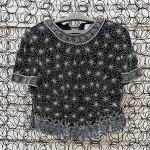 Vintage Adrianna Papell Boutique Evening Black Silk Beaded Daisy Floral Blouse